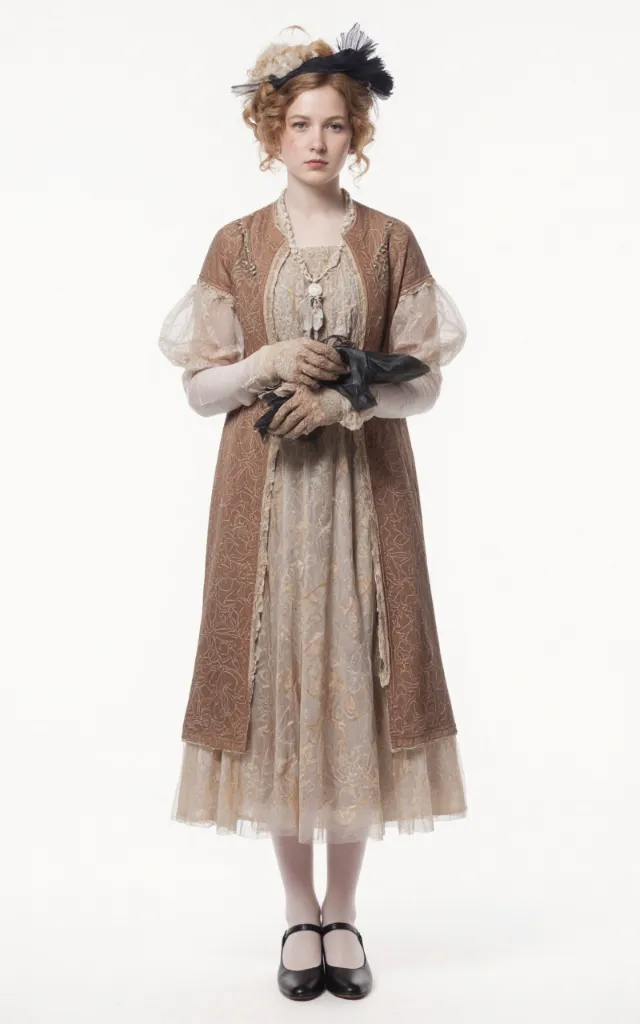 A French female model wearing Edwardian   style clothing, against a white background, in a front   facing shot focusing on shoes